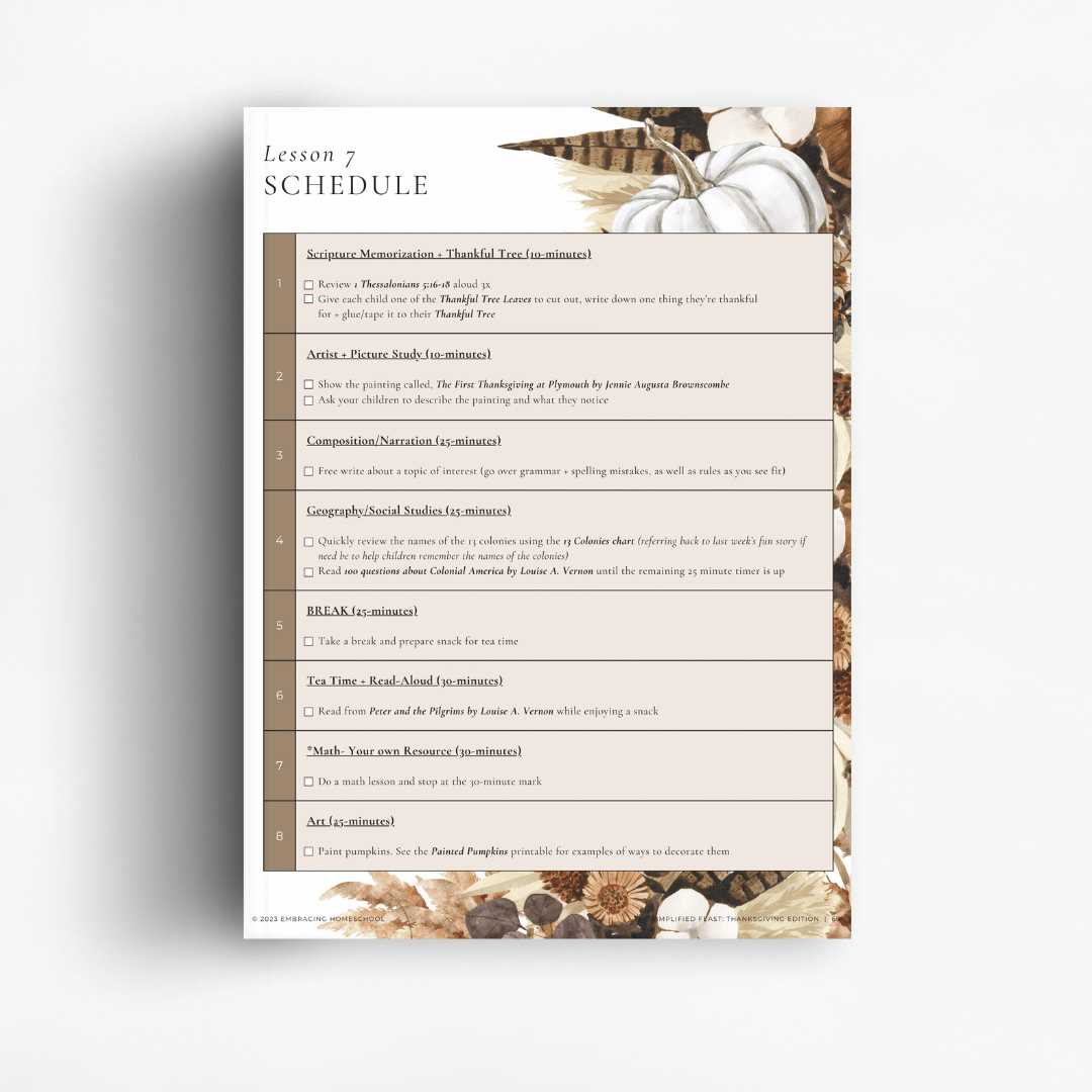 The Simplified Feast Thanksgiving Edition simple daily lesson plan comes with easy to use checklists