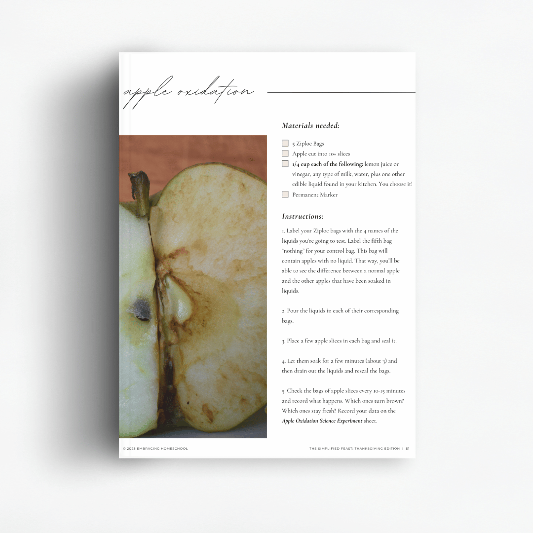 The Simplified Feast Thanksgiving Edition includes fun apple science projects for the fall season
