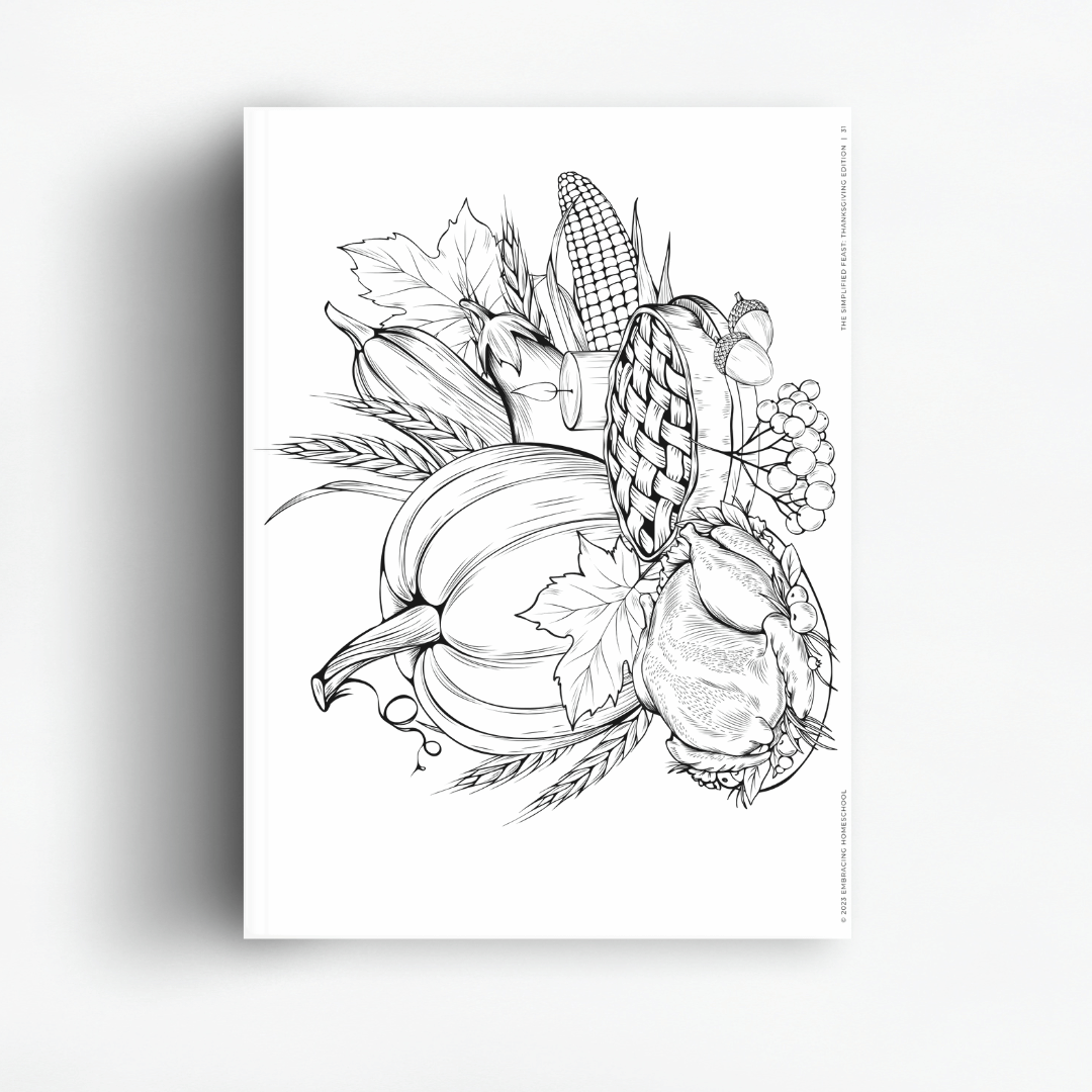 The Simplified Feast Thanksgiving Edition includes fun fall themed coloring sheets for your children to color while listening to history lessons