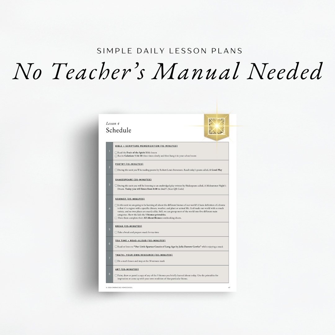 The Simplified Feast Volume 3 simple daily lesson plan. No teacher's manual needed.