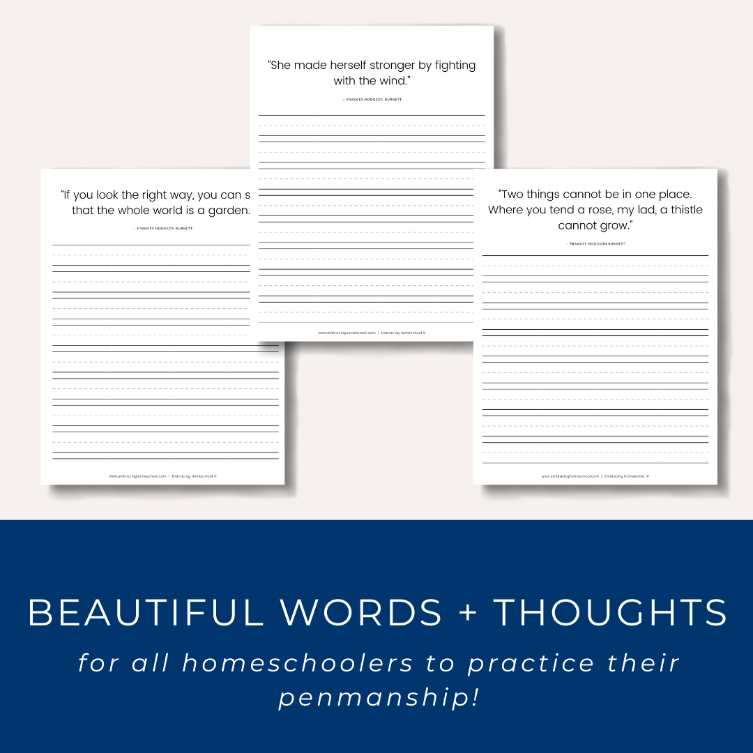 Frances Hodgson Burnett Copywork Printables for homeschoolers by Embracing Homeschool Shop