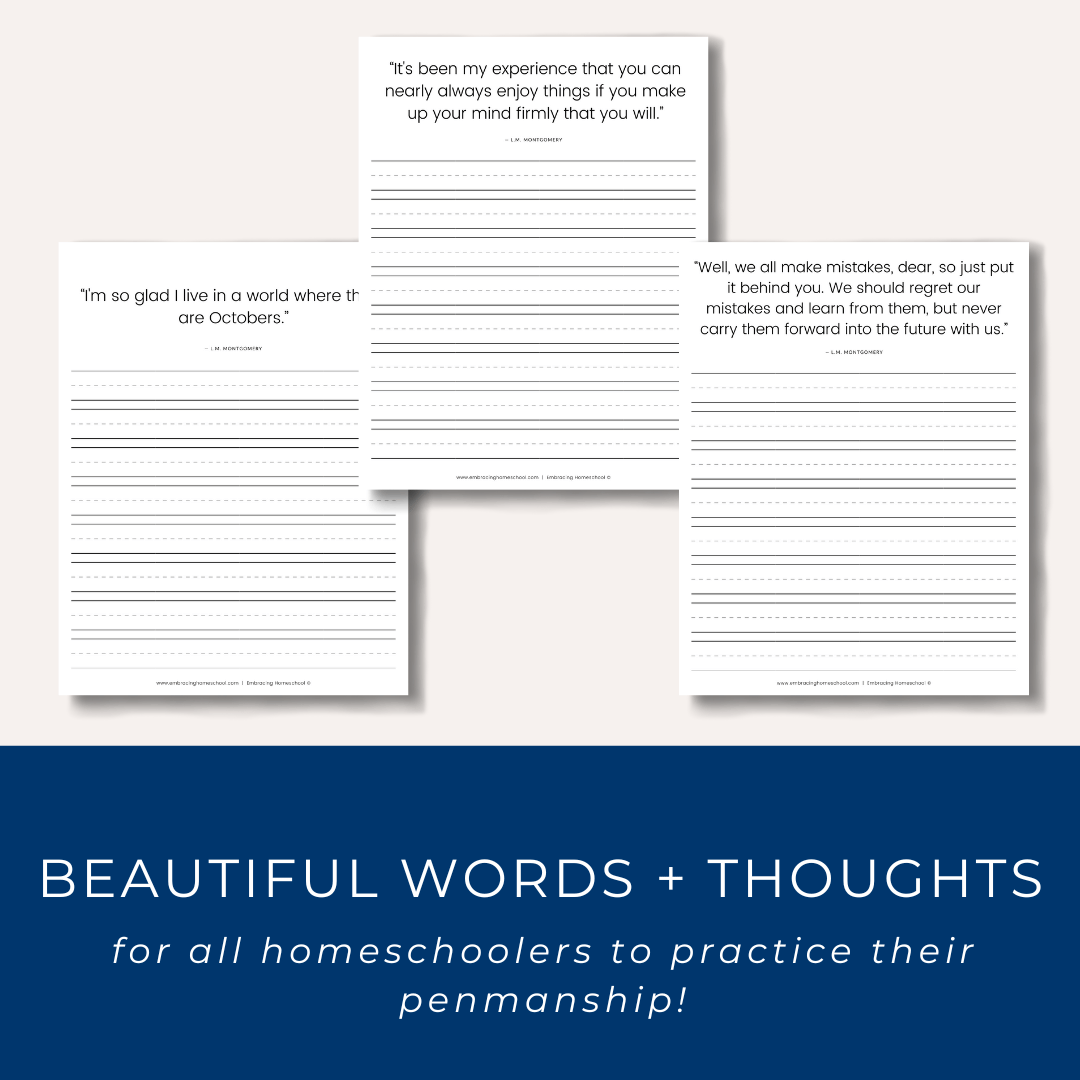L.M. Montgomery Copywork Printables for homeschoolers by Embracing Homeschool Shop