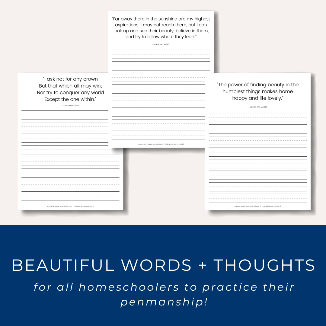 Louisa May Alcott Copywork Printables for homeschoolers by Embracing Homeschool Shop
