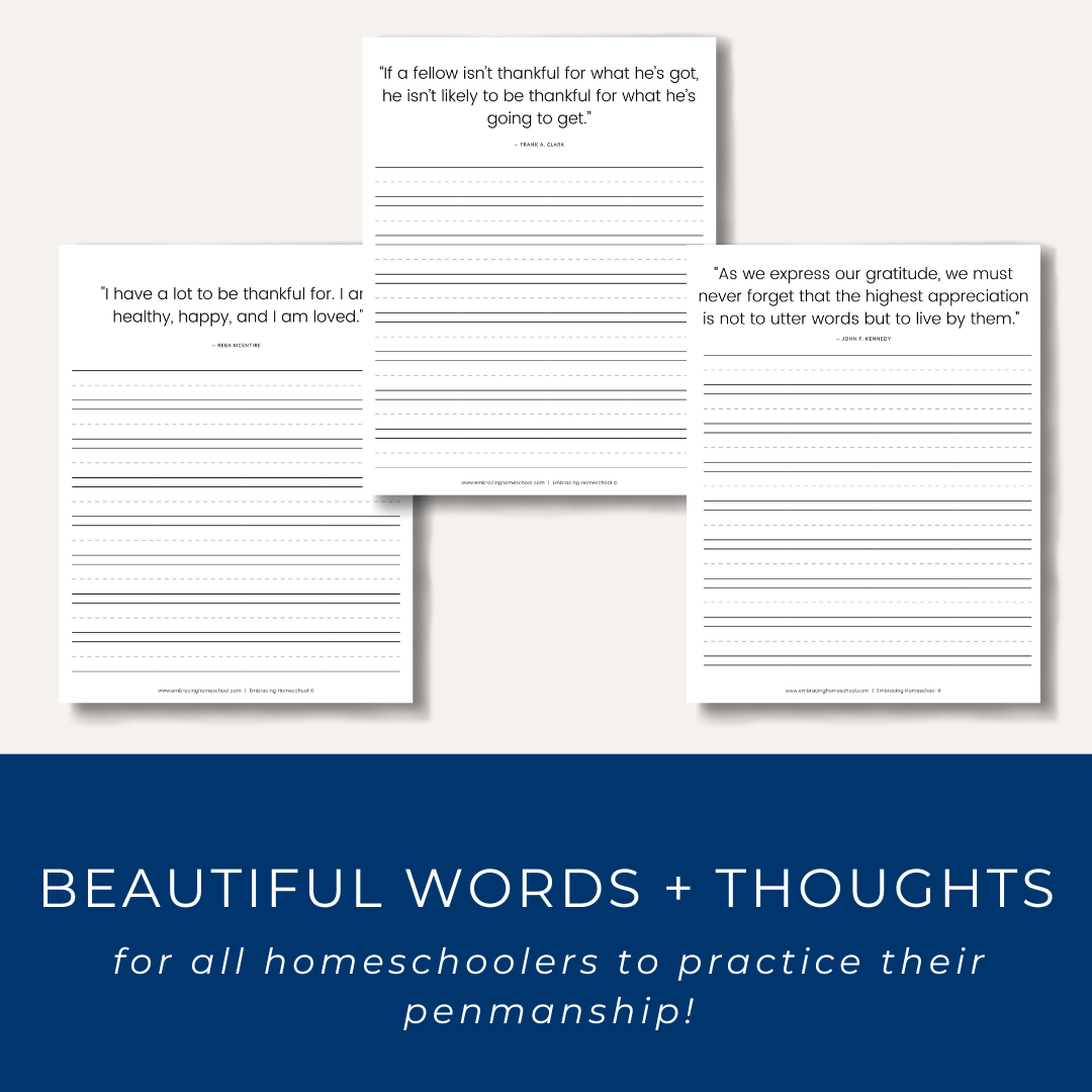 Thankfulness Copywork Printables for homeschoolers by Embracing Homeschool Shop