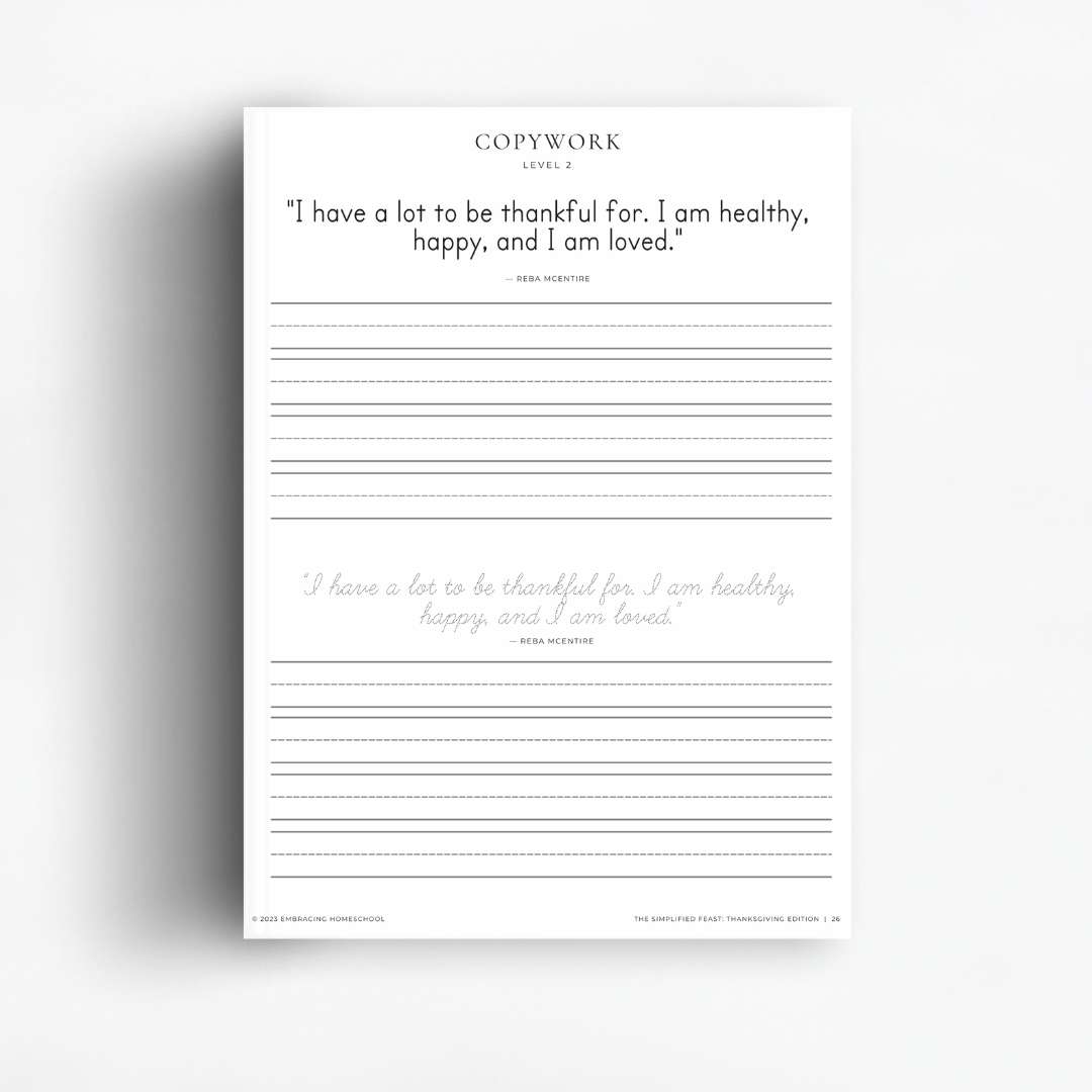 The Simplified Feast Thanksgiving Edition includes Charlotte Mason inspired copywork for grades K-8 and has both print and cursive included