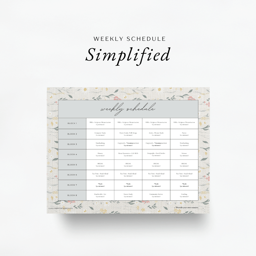 The Simplified Feast: Homesteading Unit Study. A Charlotte Mason and Eclectic family-style curriculum for grades K-8. Included is a simple weekly schedule to follow for a seamless and stress-free homeschool experience.