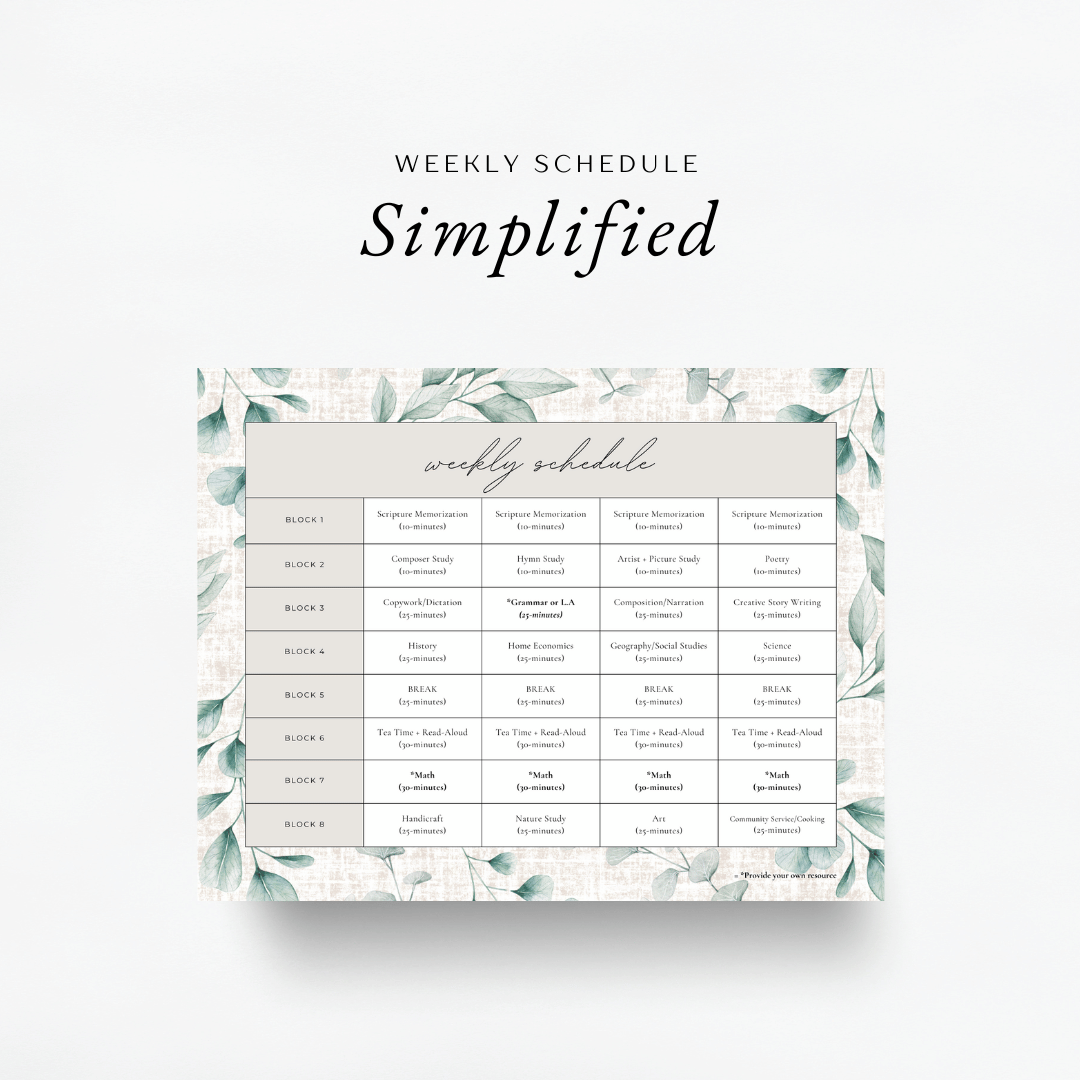 The Simplified Feast Volume 1. An eclectic, Charlotte Mason inspired, family-style curriculum. A simple, relaxed, weekly schedule