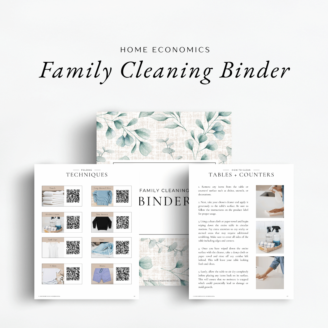 The Simplified Feast Volume 1. An eclectic, Charlotte Mason inspired, family-style curriculum. Home economics focuses on creating a Family Cleaning Binder and teaches children how to clean properly.