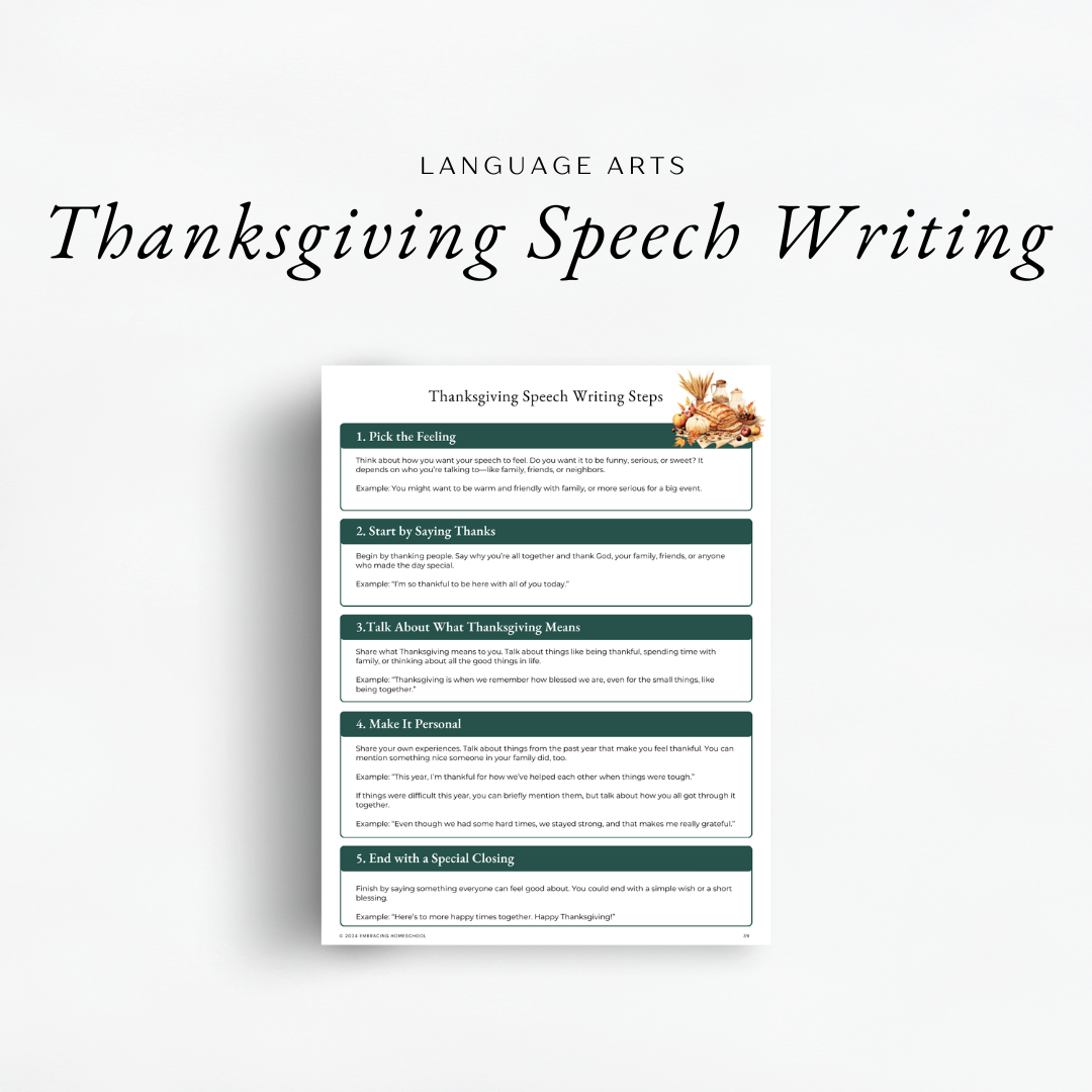Language Arts Thanksgiving Speech Writing inside The Simplified Feast: Gratitude (A Thanksgiving Unit Study)