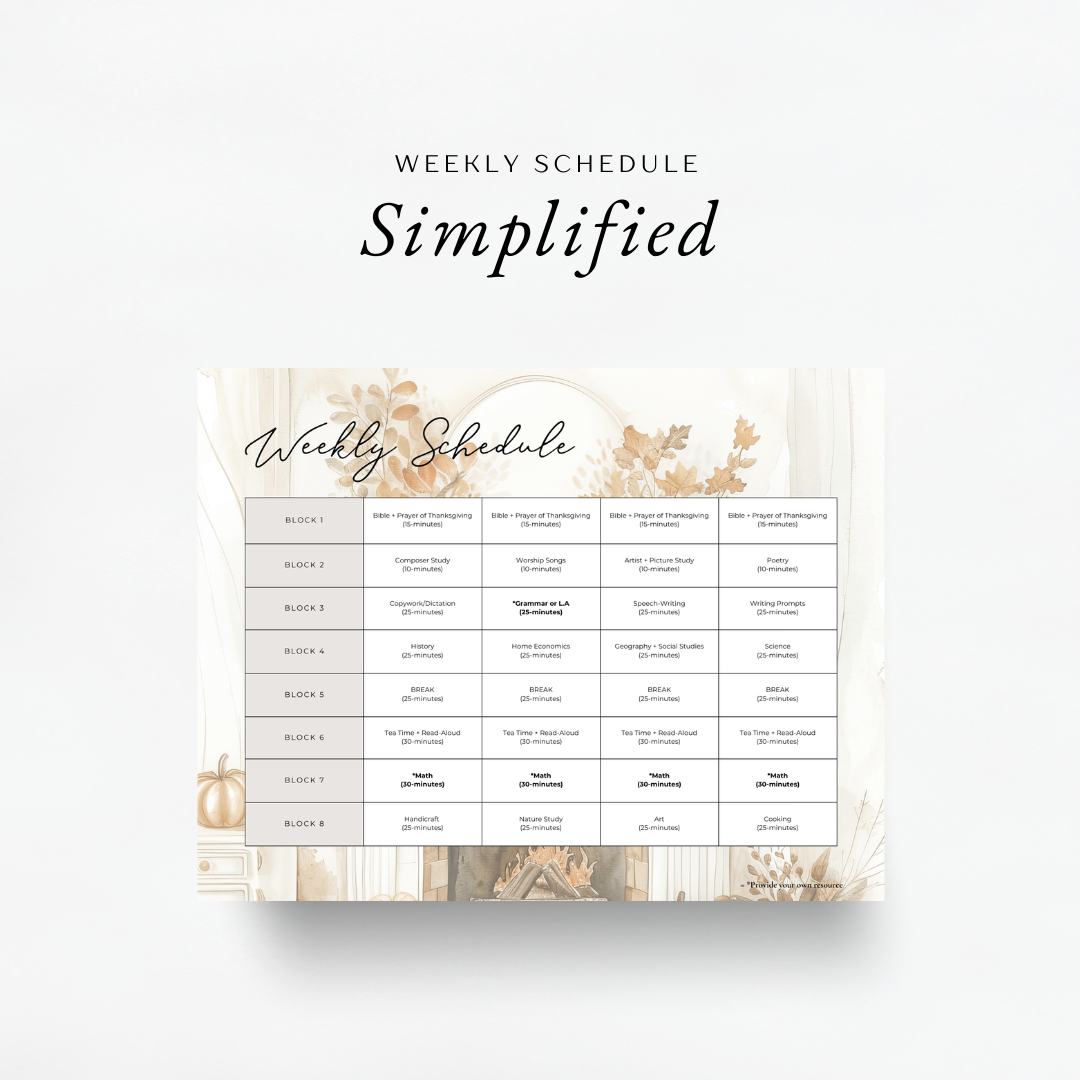 Simple weekly schedule inside The Simplified Feast: Gratitude (A Thanksgiving Unit Study)