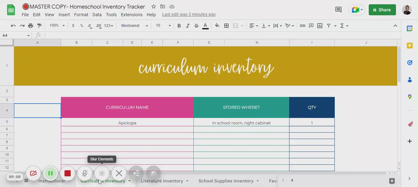 Keep track of your homeschool inventory, digitally! With this digital inventory tracker, you will be able to keep track of everything in one place, know many of each item you have and remember where you put that specific school item.