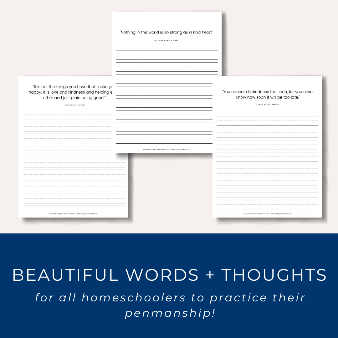 Kindness Copywork Printables for homeschoolers by Embracing Homeschool Shop